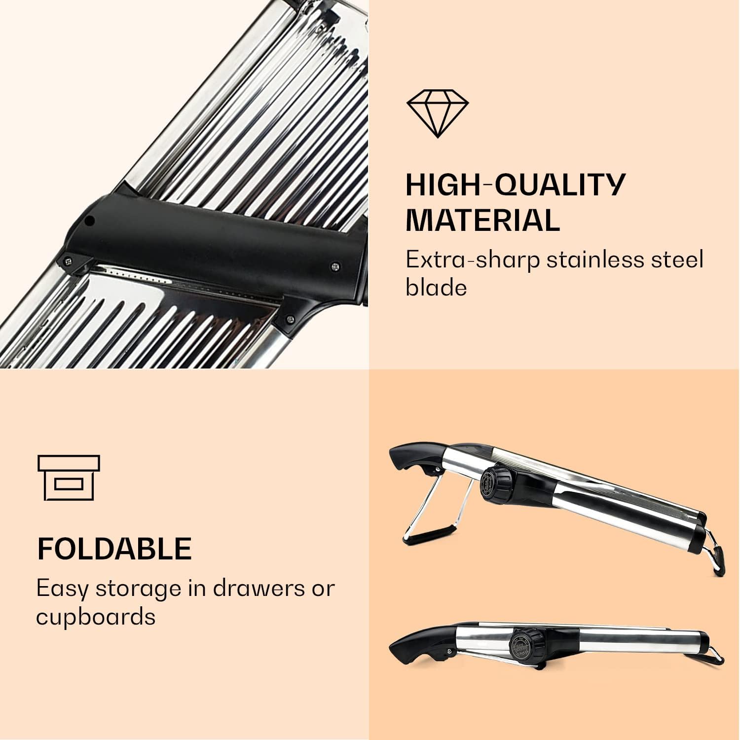 Food Slicer, Mandoline Slicer for Kitchen, Mandolin, Potato, Tomato, Carrot, Vegetable, Fruit and Onion Cutter - Stainless Steel - INCLUDING 1 Pair Cut-Resistant Gloves