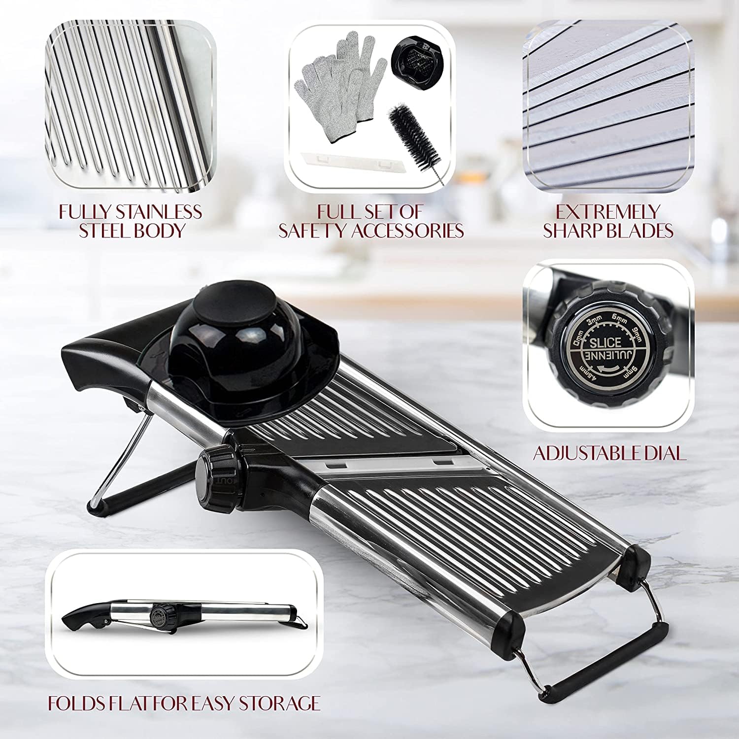 Food Slicer, Mandoline Slicer for Kitchen, Mandolin, Potato, Tomato, Carrot, Vegetable, Fruit and Onion Cutter - Stainless Steel - INCLUDING 1 Pair Cut-Resistant Gloves