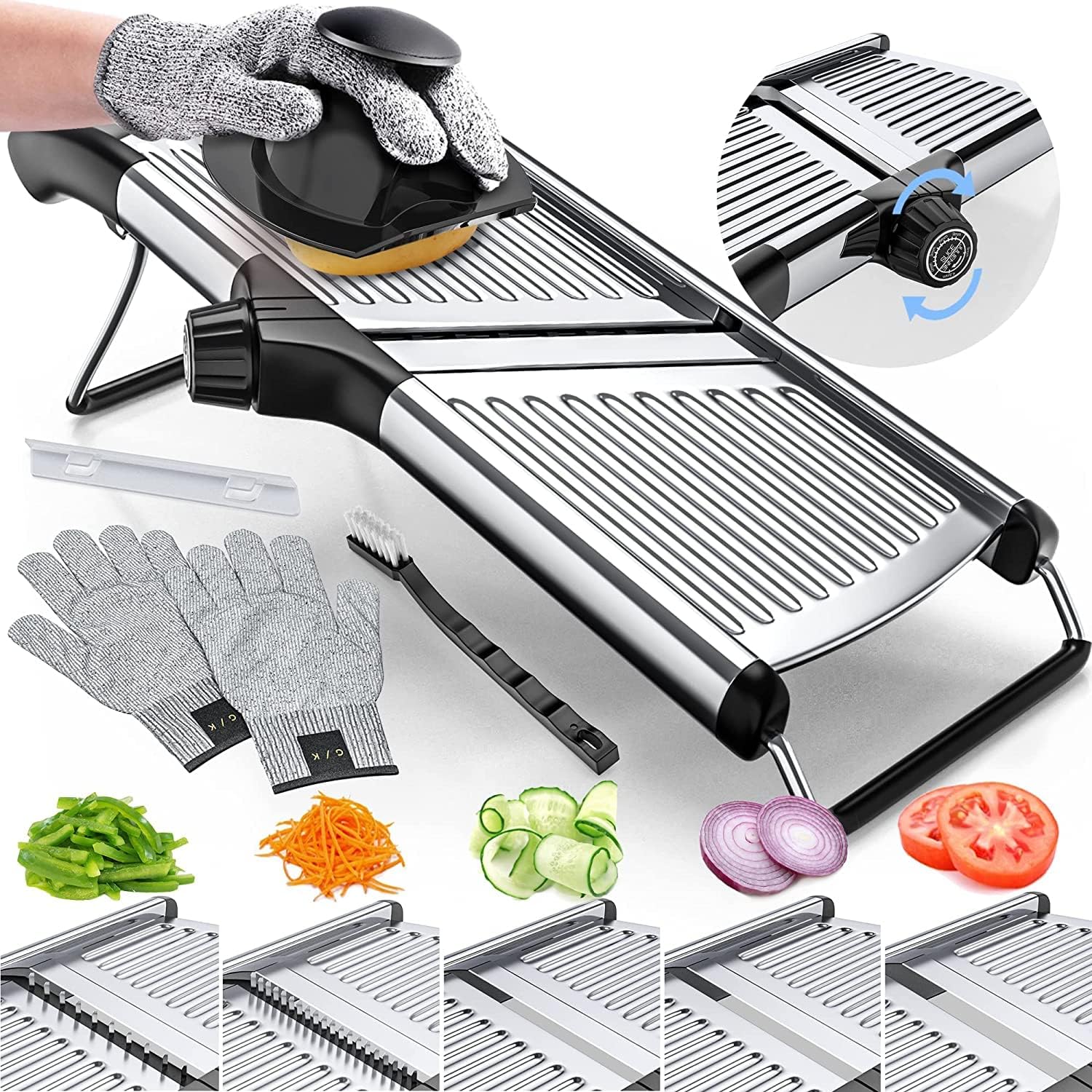 Food Slicer, Mandoline Slicer for Kitchen, Mandolin, Potato, Tomato, Carrot, Vegetable, Fruit and Onion Cutter - Stainless Steel - INCLUDING 1 Pair Cut-Resistant Gloves
