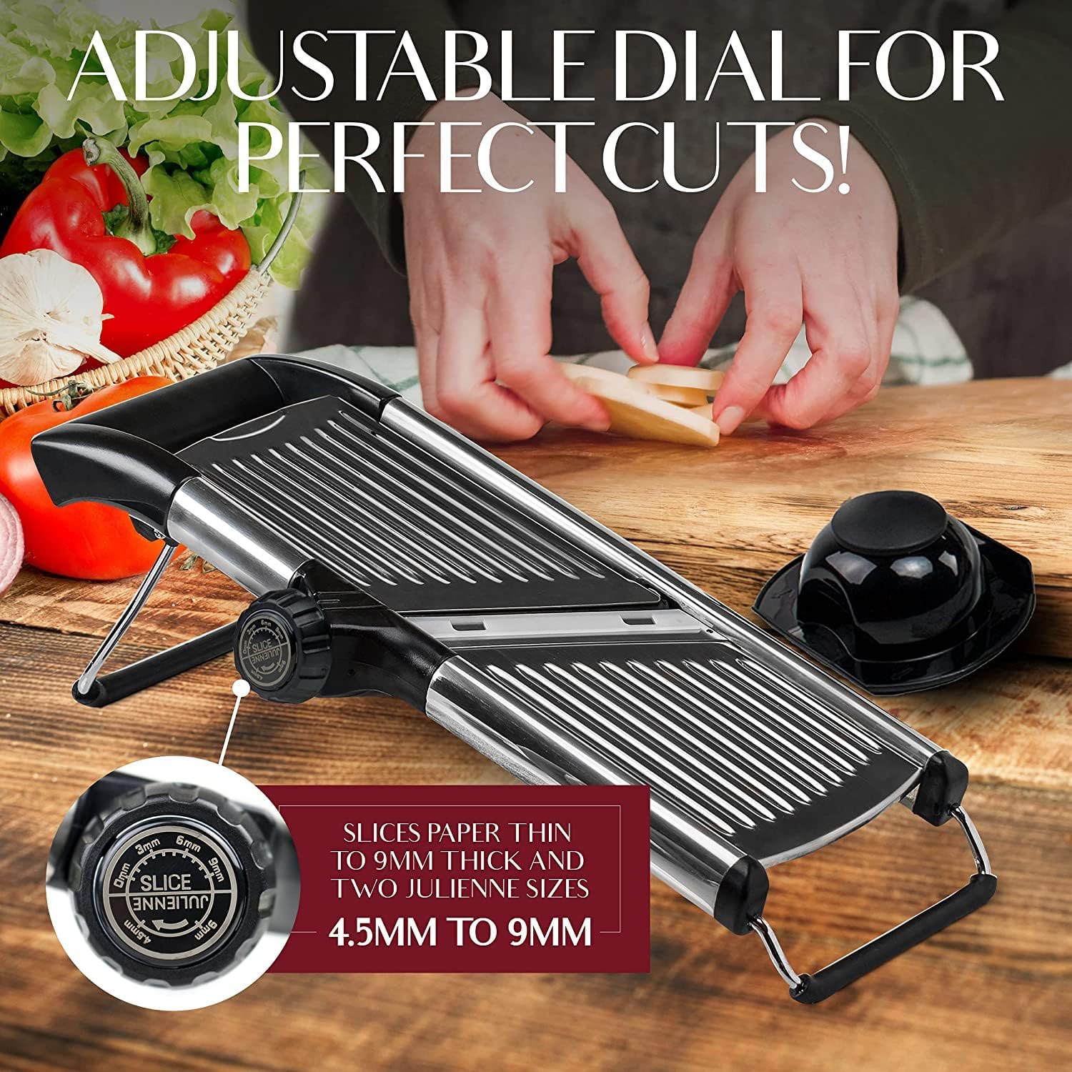 Food Slicer, Mandoline Slicer for Kitchen, Mandolin, Potato, Tomato, Carrot, Vegetable, Fruit and Onion Cutter - Stainless Steel - INCLUDING 1 Pair Cut-Resistant Gloves